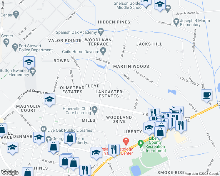 map of restaurants, bars, coffee shops, grocery stores, and more near Hemingway Drive in Hinesville