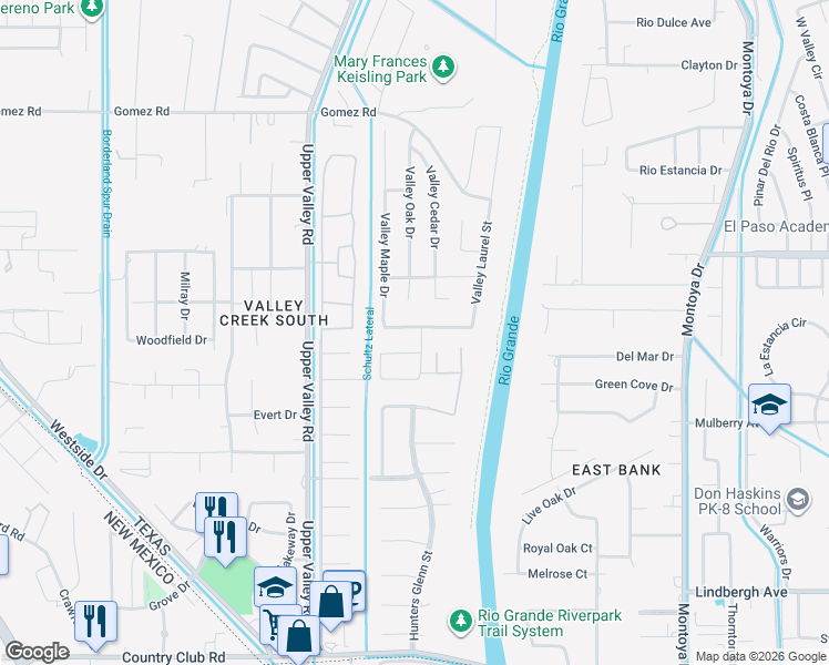 map of restaurants, bars, coffee shops, grocery stores, and more near 600 Valley Plum Avenue in El Paso