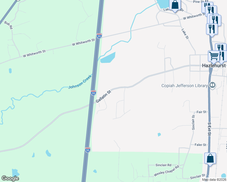 map of restaurants, bars, coffee shops, grocery stores, and more near 619 West Gallatin Street in Hazlehurst