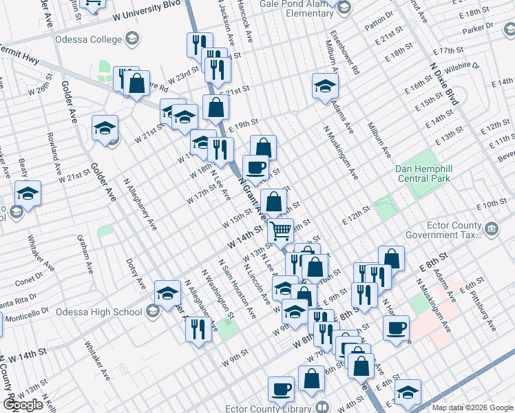 map of restaurants, bars, coffee shops, grocery stores, and more near 101 West 15th Street in Odessa