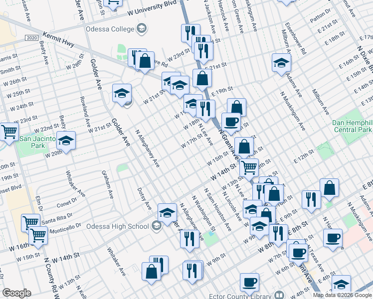 map of restaurants, bars, coffee shops, grocery stores, and more near 1602 North Sam Houston Avenue in Odessa