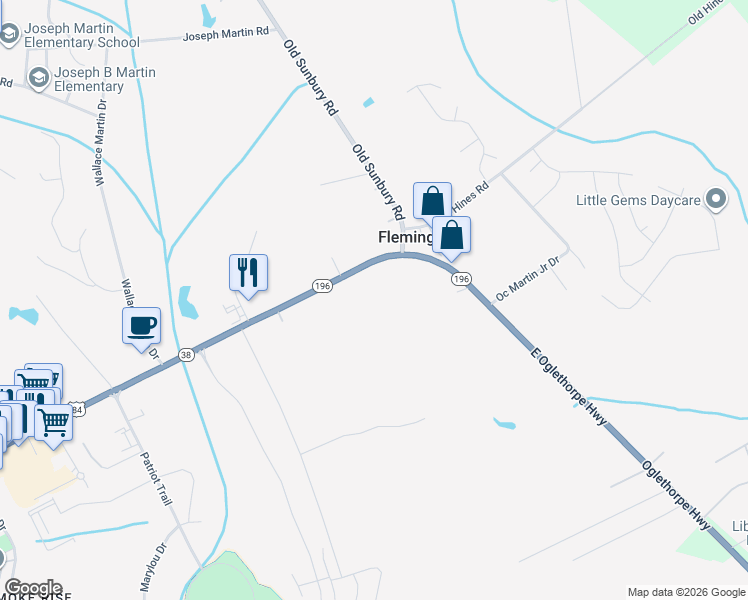 map of restaurants, bars, coffee shops, grocery stores, and more near 1753 East Oglethorpe Highway in Hinesville