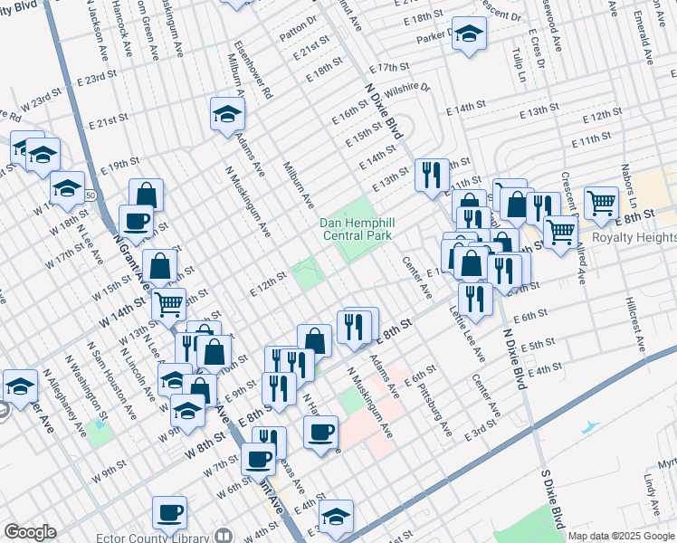 map of restaurants, bars, coffee shops, grocery stores, and more near 1007 Milburn Avenue in Odessa
