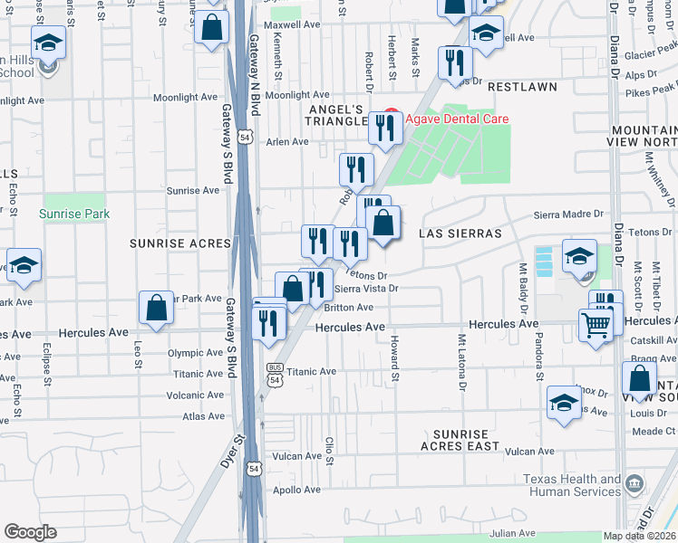 map of restaurants, bars, coffee shops, grocery stores, and more near 4525 Sierra Vista Drive in El Paso