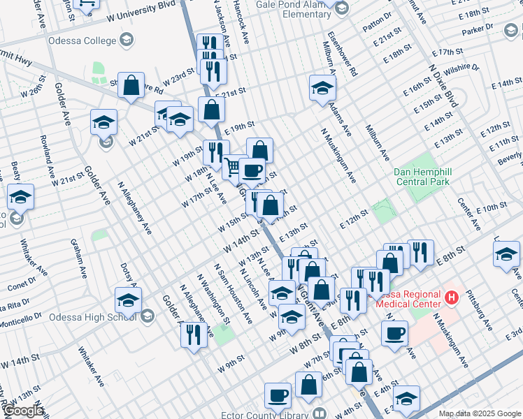 map of restaurants, bars, coffee shops, grocery stores, and more near 1406 N Grant Ave in Odessa