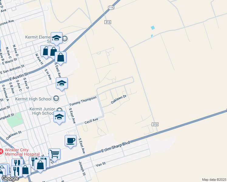 map of restaurants, bars, coffee shops, grocery stores, and more near 2185 Oaklawn Drive in Kermit