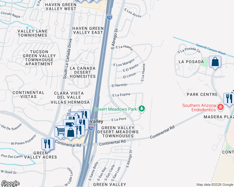 map of restaurants, bars, coffee shops, grocery stores, and more near 81 East La Espina in Green Valley