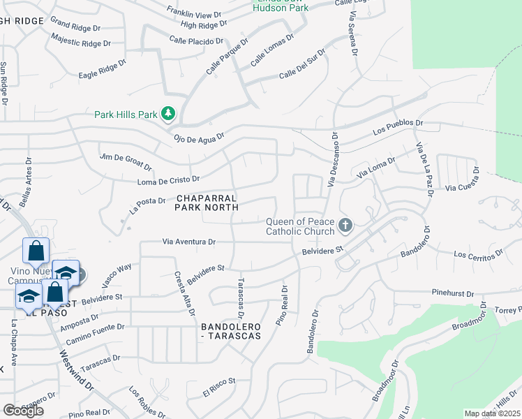 map of restaurants, bars, coffee shops, grocery stores, and more near 6279 Los Bancos Drive in El Paso