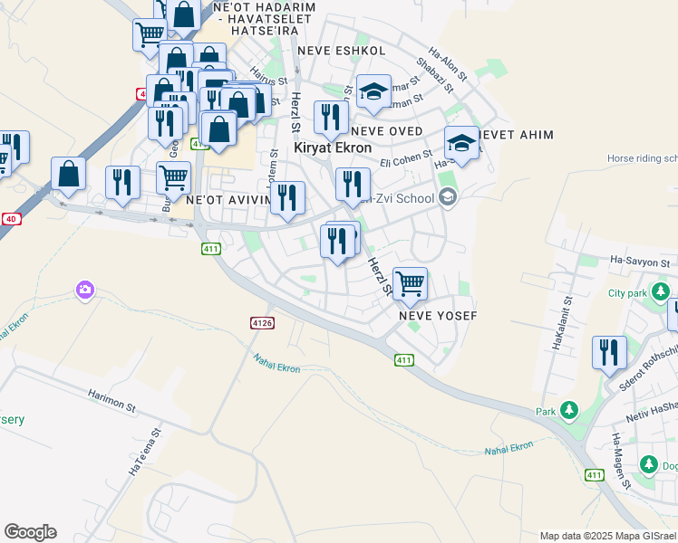 map of restaurants, bars, coffee shops, grocery stores, and more near 5 Tsadok HaLevi Street in Kiryat Ekron