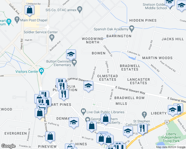 map of restaurants, bars, coffee shops, grocery stores, and more near Georgia Avenue in Hinesville