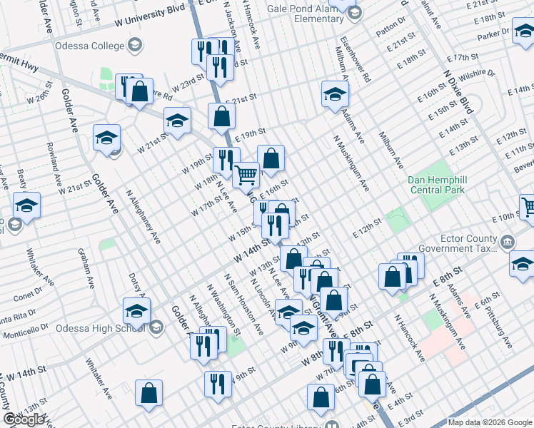 map of restaurants, bars, coffee shops, grocery stores, and more near 101-199 W 15th St in Odessa
