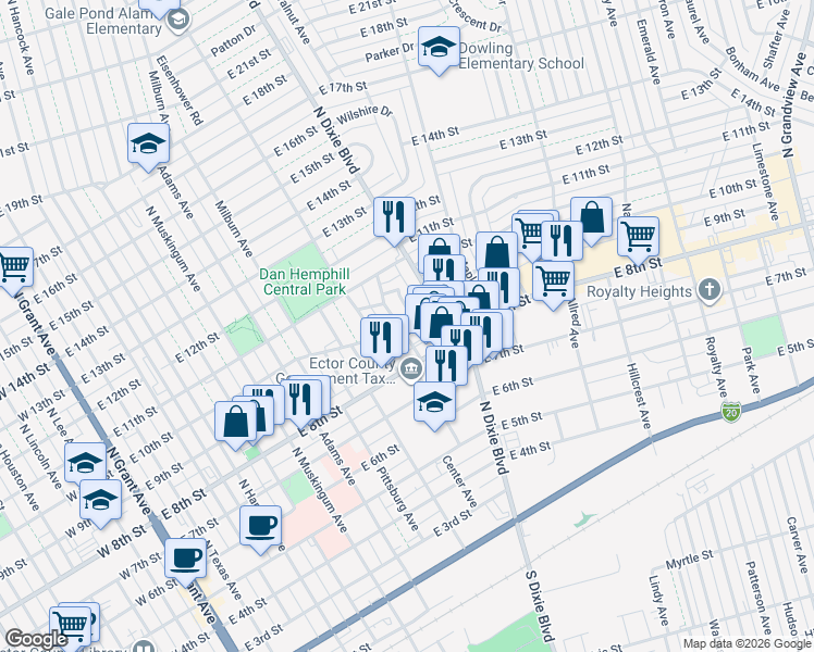 map of restaurants, bars, coffee shops, grocery stores, and more near 811 Moody Avenue in Odessa