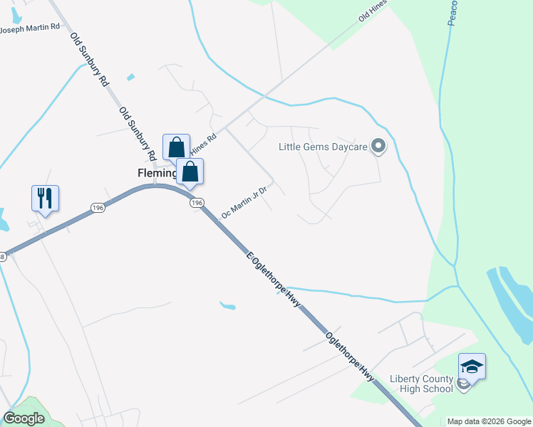 map of restaurants, bars, coffee shops, grocery stores, and more near Oc Martin Junior Drive in Hinesville