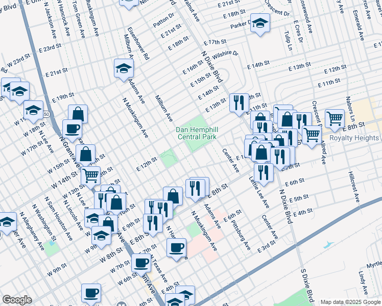 map of restaurants, bars, coffee shops, grocery stores, and more near 1007 Milburn Avenue in Odessa