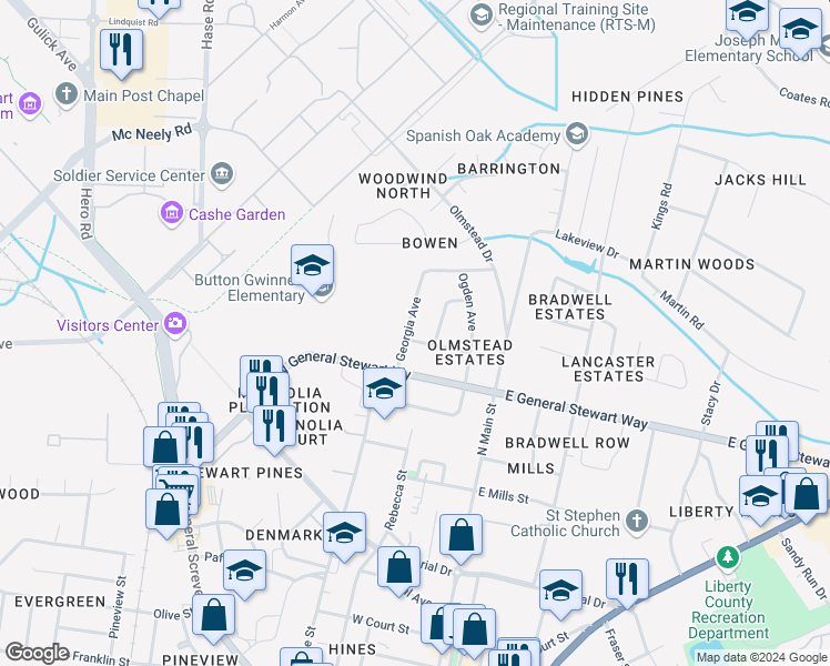 map of restaurants, bars, coffee shops, grocery stores, and more near 212 Elizabeth Street in Hinesville