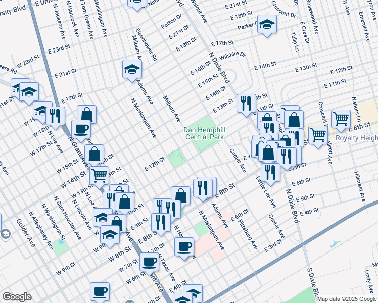 map of restaurants, bars, coffee shops, grocery stores, and more near 1200 Milburn Avenue in Odessa