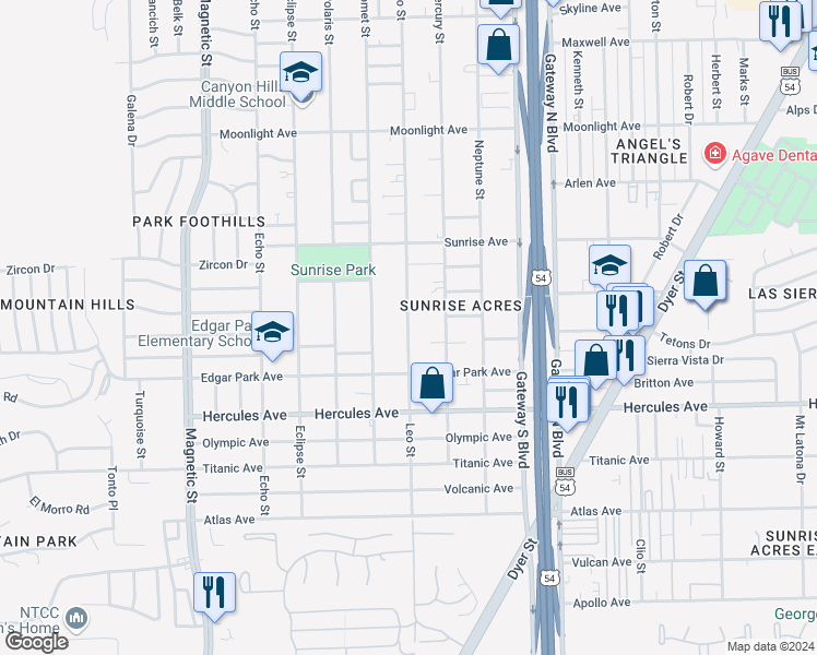 map of restaurants, bars, coffee shops, grocery stores, and more near 8601 Leo Street in El Paso