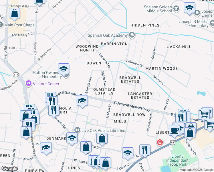map of restaurants, bars, coffee shops, grocery stores, and more near 622 Ogden Avenue in Hinesville