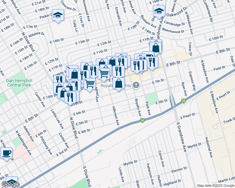 map of restaurants, bars, coffee shops, grocery stores, and more near 1512 East 7th Street in Odessa