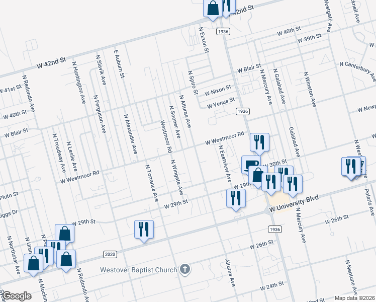 map of restaurants, bars, coffee shops, grocery stores, and more near 6419 West Westmoor Road in Odessa