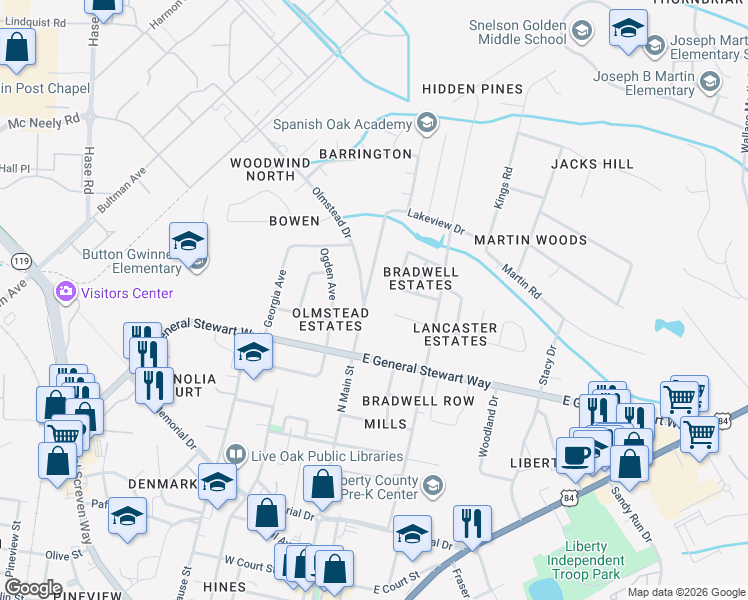 map of restaurants, bars, coffee shops, grocery stores, and more near 612 North Main Street in Hinesville
