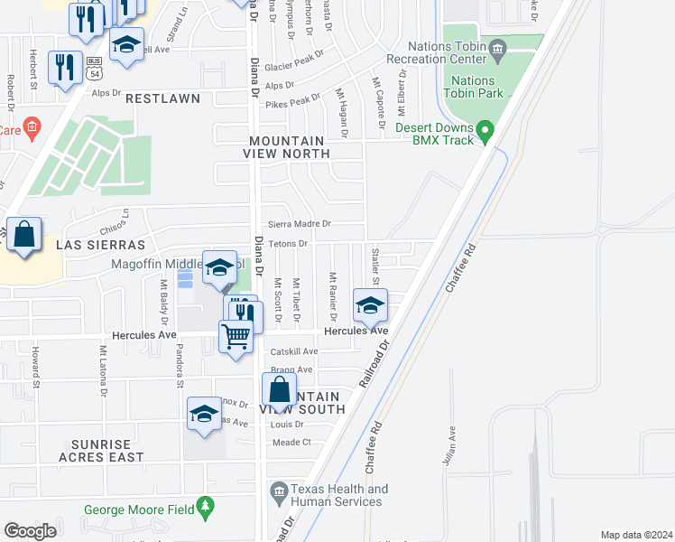 map of restaurants, bars, coffee shops, grocery stores, and more near 8500 Mount Ranier Drive in El Paso
