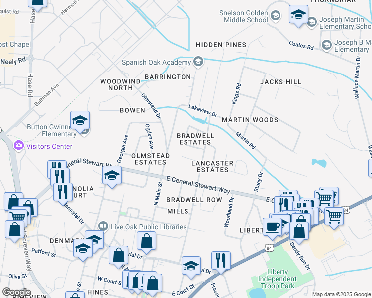 map of restaurants, bars, coffee shops, grocery stores, and more near 716 Truman Street in Hinesville