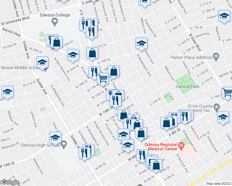 map of restaurants, bars, coffee shops, grocery stores, and more near 1508 North Texas Avenue in Odessa