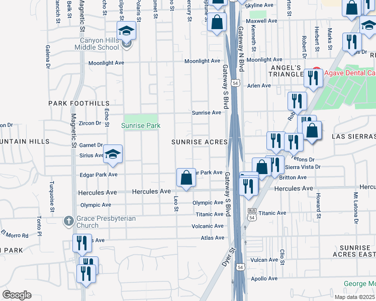 map of restaurants, bars, coffee shops, grocery stores, and more near 8605 Mercury Street in El Paso