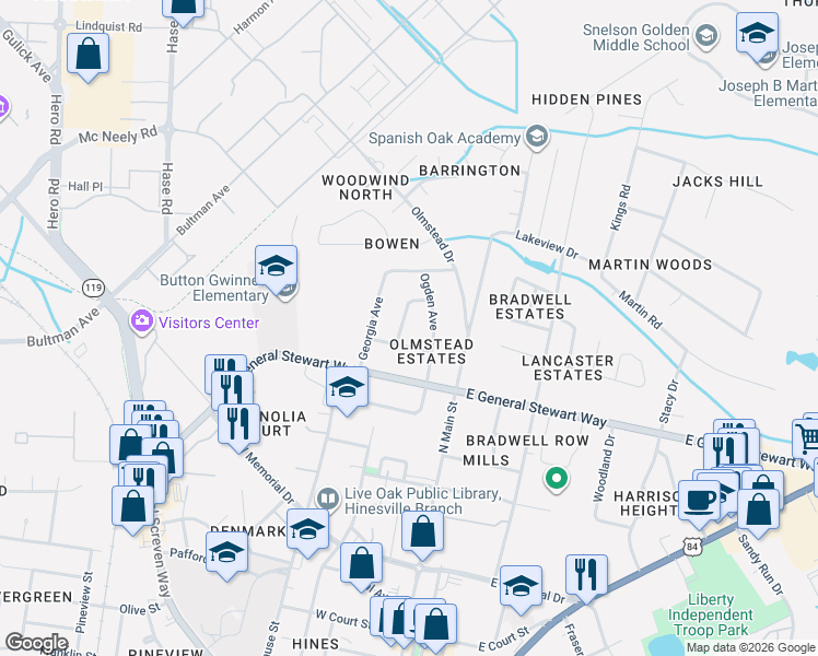 map of restaurants, bars, coffee shops, grocery stores, and more near 631 Ogden Avenue in Hinesville
