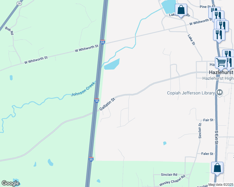 map of restaurants, bars, coffee shops, grocery stores, and more near 578 West Gallatin Street in Hazlehurst