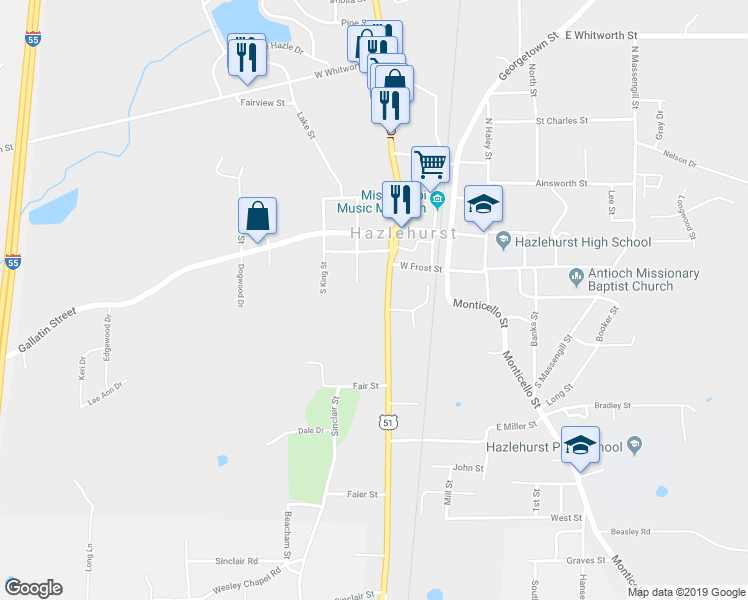 map of restaurants, bars, coffee shops, grocery stores, and more near 222 South Extension Street in Hazlehurst