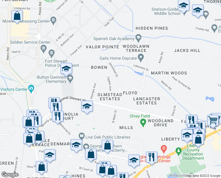 map of restaurants, bars, coffee shops, grocery stores, and more near 626 Ogden Street in Hinesville