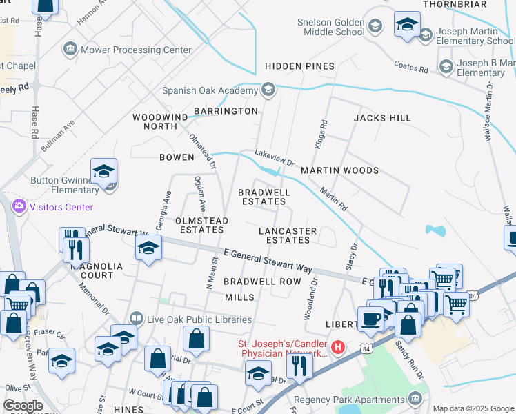 map of restaurants, bars, coffee shops, grocery stores, and more near 207 Kennedy Street in Hinesville
