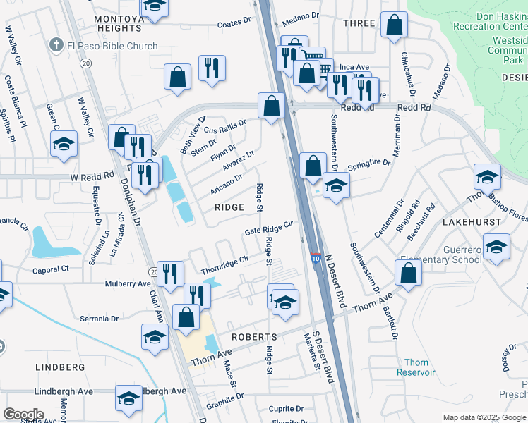 map of restaurants, bars, coffee shops, grocery stores, and more near 5456 Ridge Street in El Paso