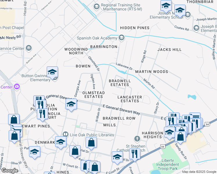 map of restaurants, bars, coffee shops, grocery stores, and more near 634 North Main Street in Hinesville