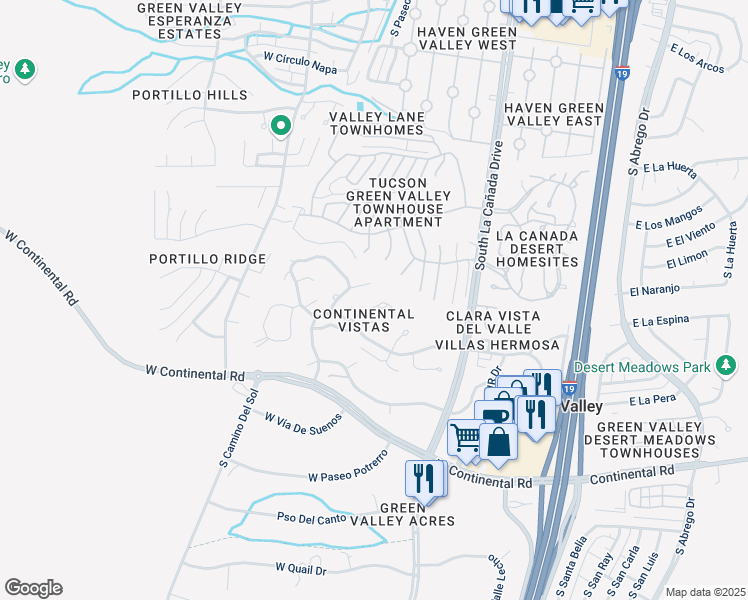 map of restaurants, bars, coffee shops, grocery stores, and more near 907 South Placita Guarina in Green Valley