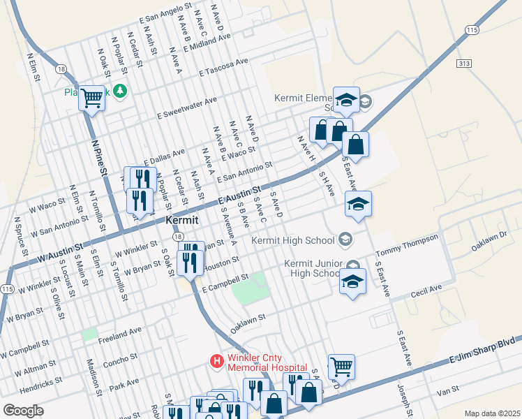 map of restaurants, bars, coffee shops, grocery stores, and more near 201 South Avenue C in Kermit