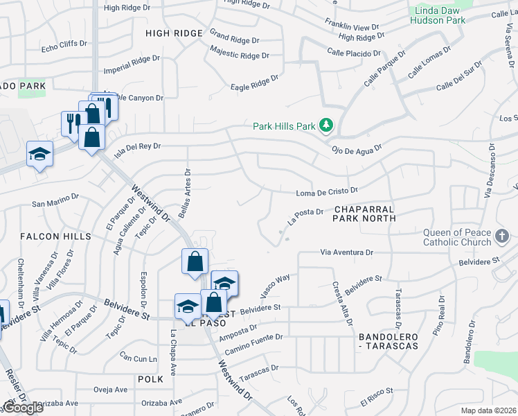 map of restaurants, bars, coffee shops, grocery stores, and more near 6517 La Posta Drive in El Paso