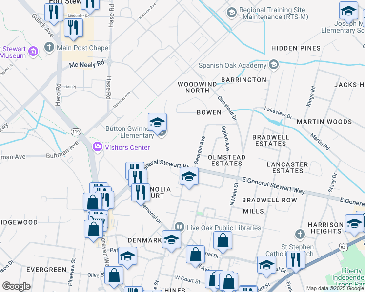 map of restaurants, bars, coffee shops, grocery stores, and more near 302 General Stewart Way in Hinesville