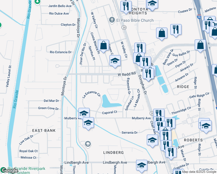 map of restaurants, bars, coffee shops, grocery stores, and more near 321 La Mirada Circle in El Paso