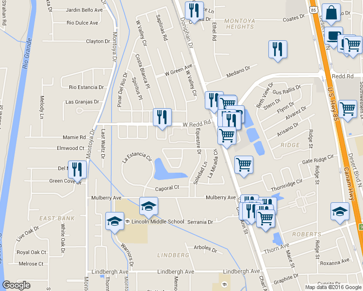 map of restaurants, bars, coffee shops, grocery stores, and more near 221 La Mirada Circle in El Paso