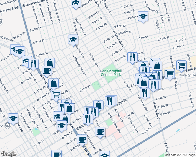 map of restaurants, bars, coffee shops, grocery stores, and more near 1200 Milburn Avenue in Odessa