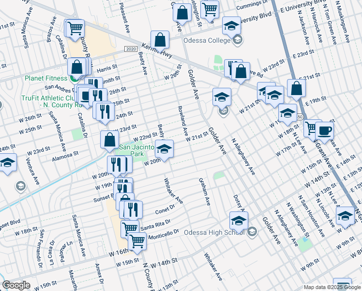 map of restaurants, bars, coffee shops, grocery stores, and more near 903 West 21st Street in Odessa