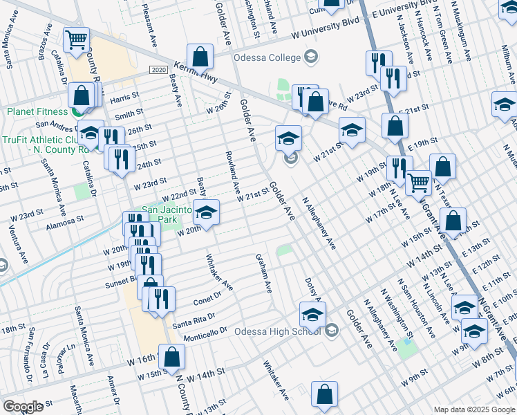 map of restaurants, bars, coffee shops, grocery stores, and more near 808 West 20th Street in Odessa
