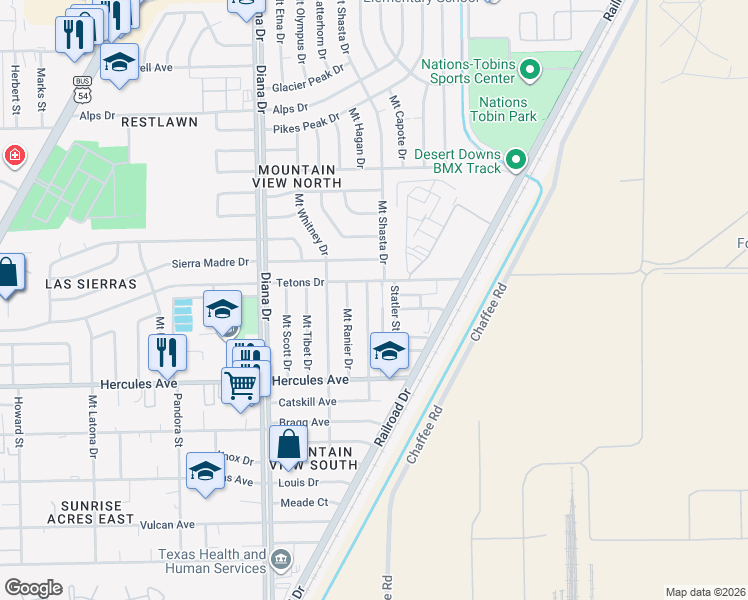 map of restaurants, bars, coffee shops, grocery stores, and more near 8509 Statler Street in El Paso