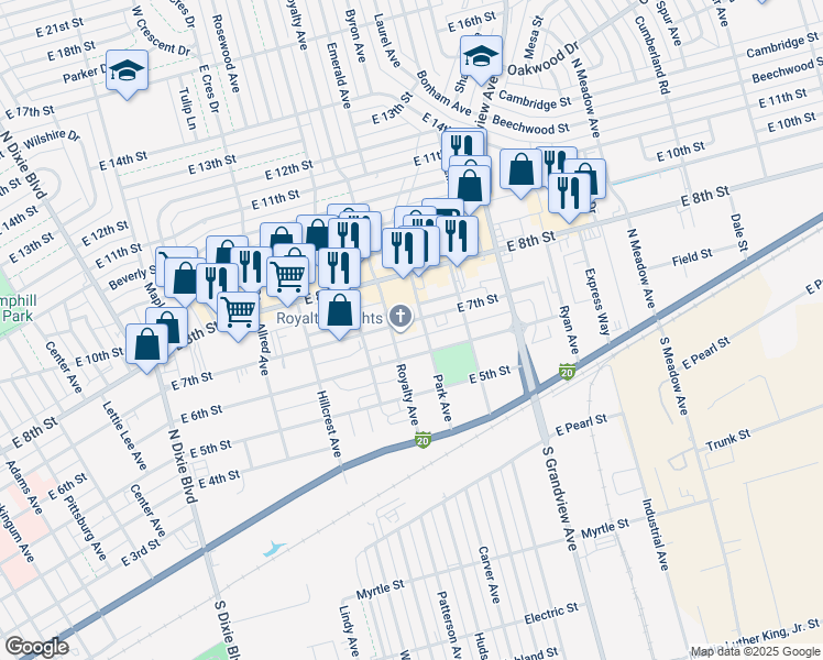 map of restaurants, bars, coffee shops, grocery stores, and more near 1700-1720 East 7th Street in Odessa
