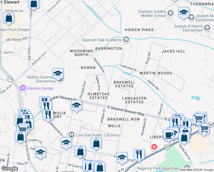 map of restaurants, bars, coffee shops, grocery stores, and more near 613 Olmstead Drive in Hinesville