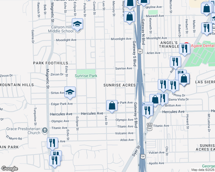map of restaurants, bars, coffee shops, grocery stores, and more near 8603 Leo Street in El Paso