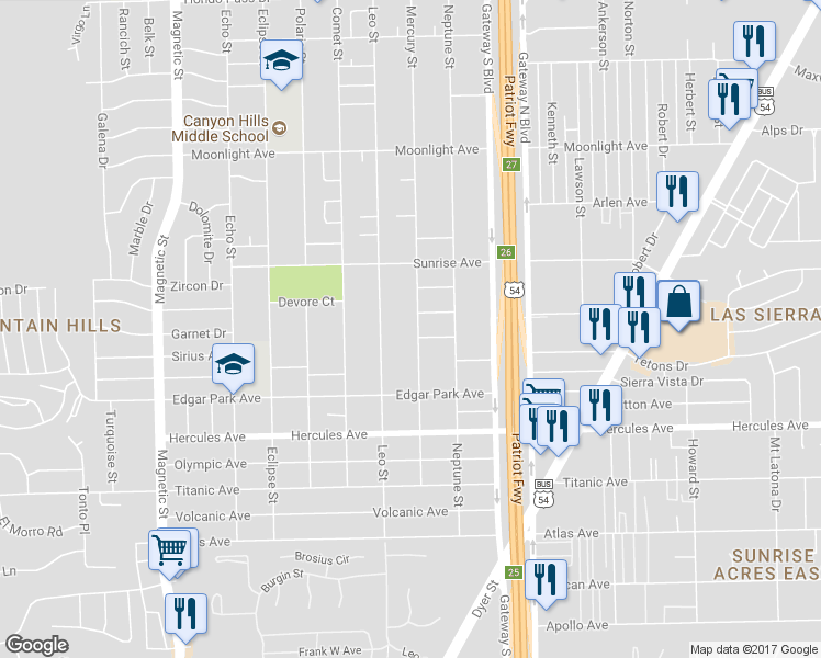 map of restaurants, bars, coffee shops, grocery stores, and more near 8605 Mercury Street in El Paso